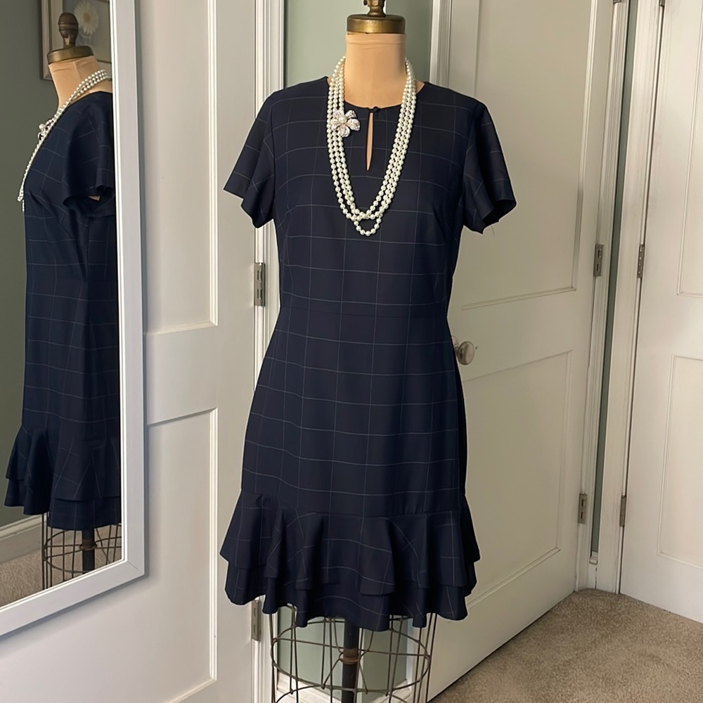 Banana Republic Navy Blue Windowpane Flutter Sleeve Ruffle Hem Dress size 10